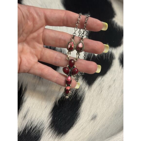 Native American Sterling Silver Multistone Red Rose Dahlia Lariat Necklace 18” - Picture 9 of 11